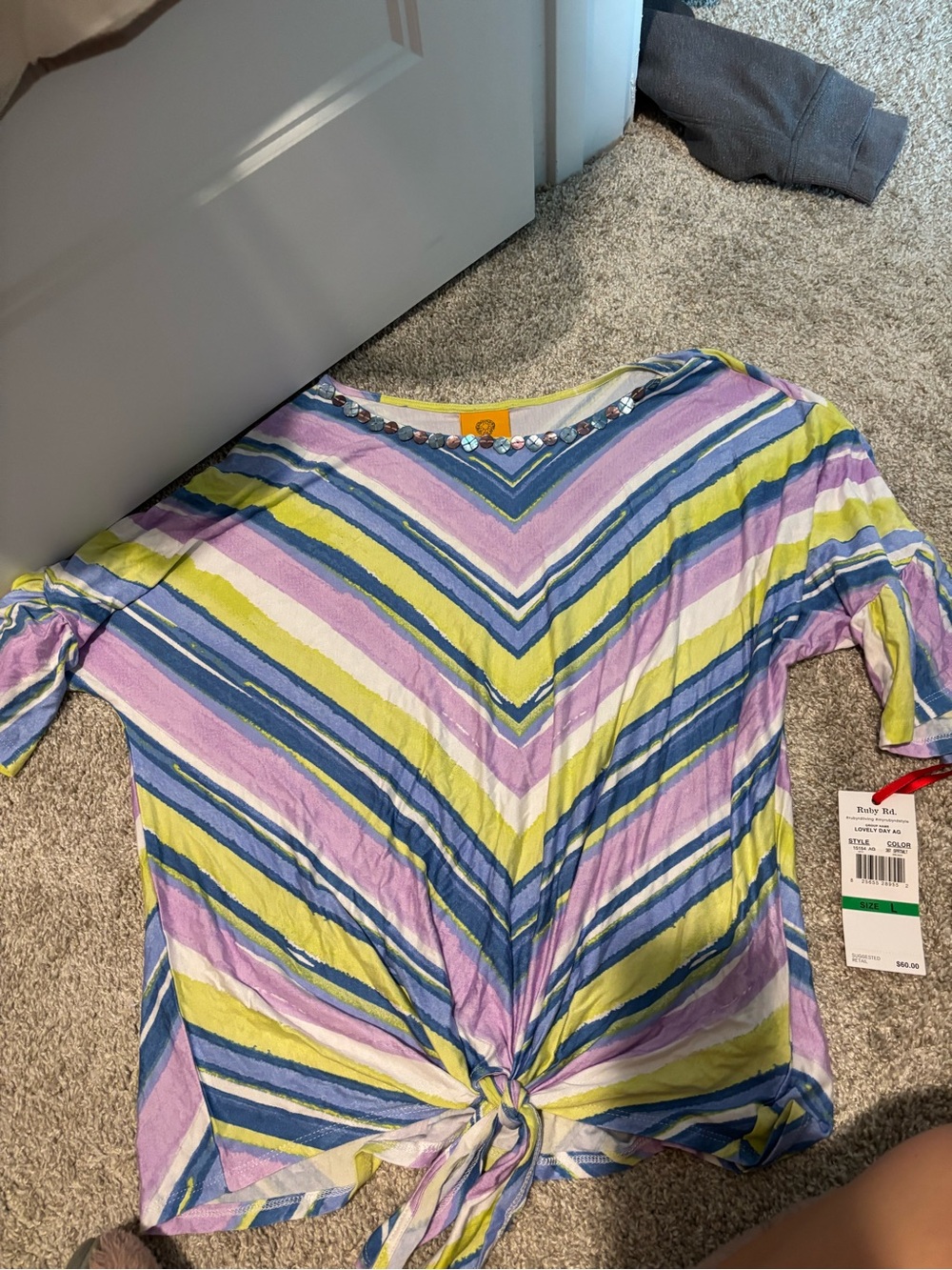Ruby Rd. Striped Tie-Front Crop Top in Lavender, Lime & Blue
